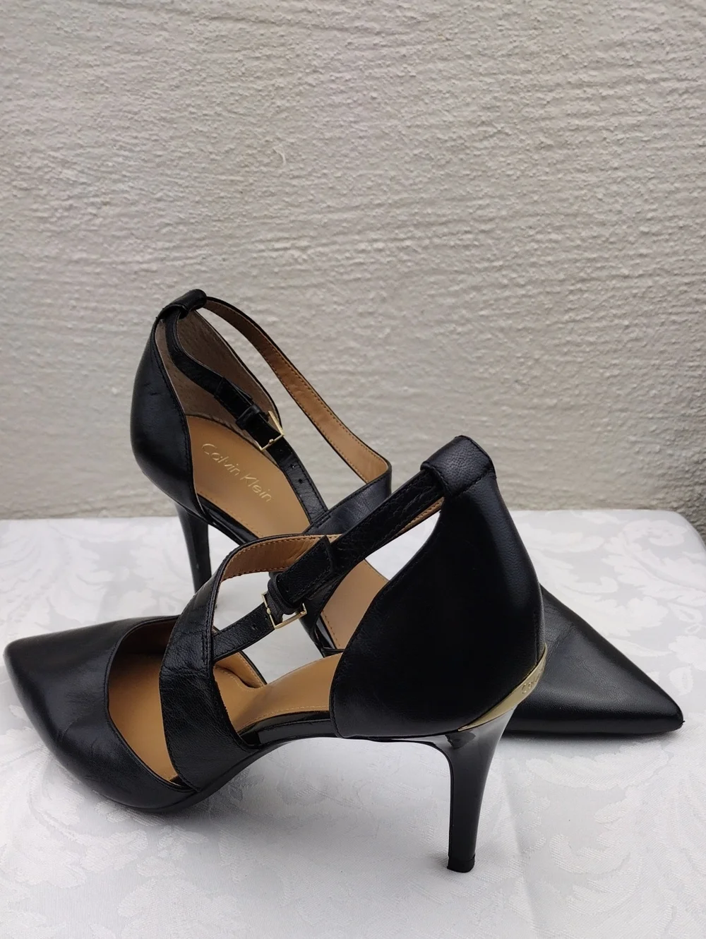 Calvin Klein Gildana Black Leather Asymmetrical Cross Strap Point Toe Heel Shoe